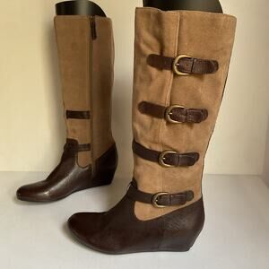 Vintage Buckle Knee High Boots Women's Leather Riding Boho Festival Sz 8 Retro